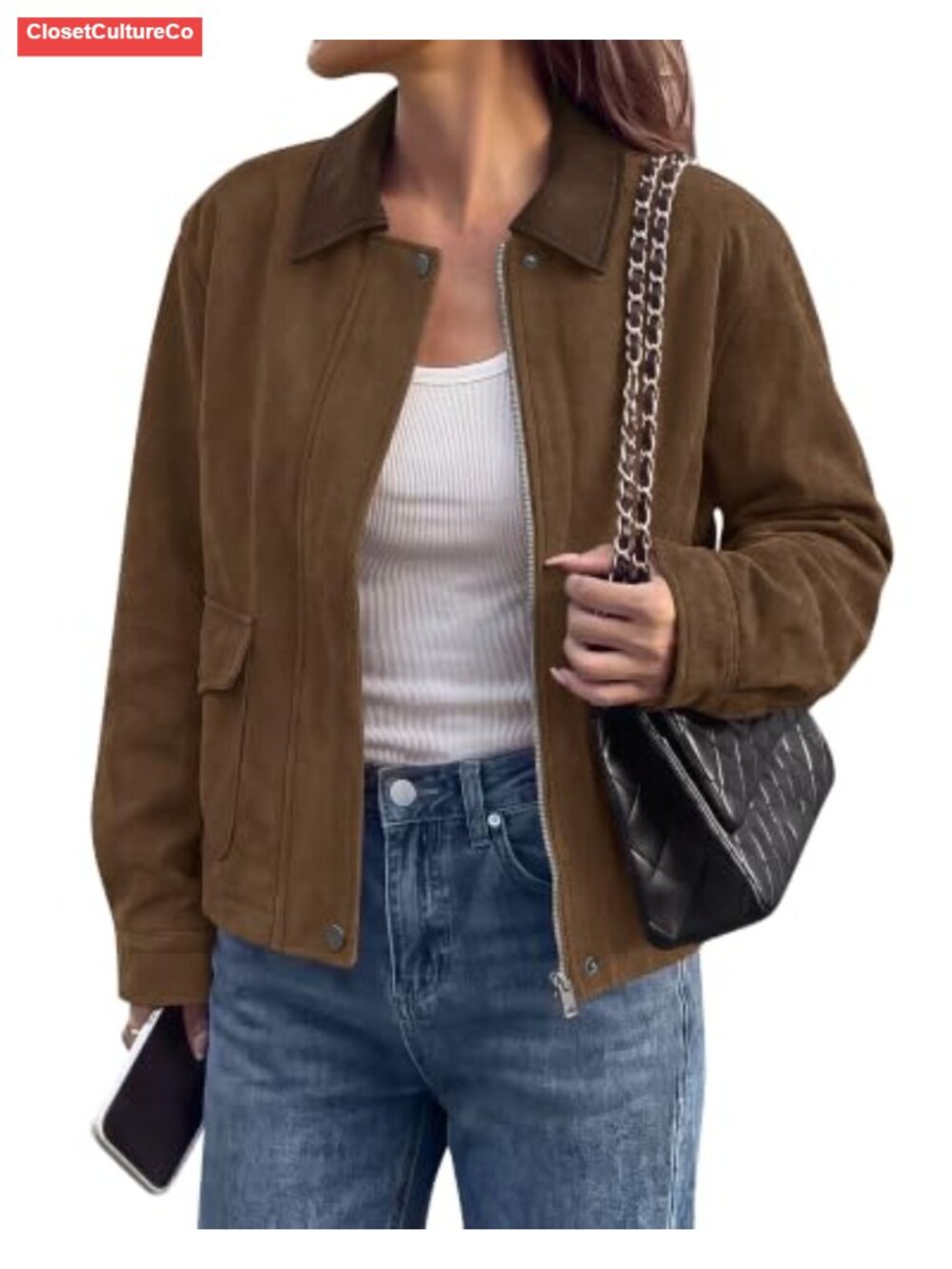 Faux Suede Jacket Women Faux Leather Lapel Zip Up Fall